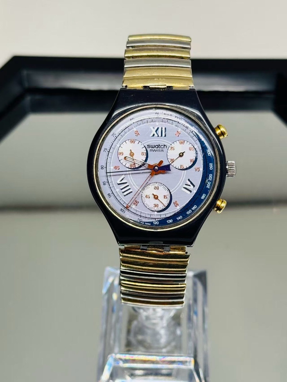 Vintage Swatch Swiss Men’s Watch Chronograph Gold Tone 32mm New Battery Runs